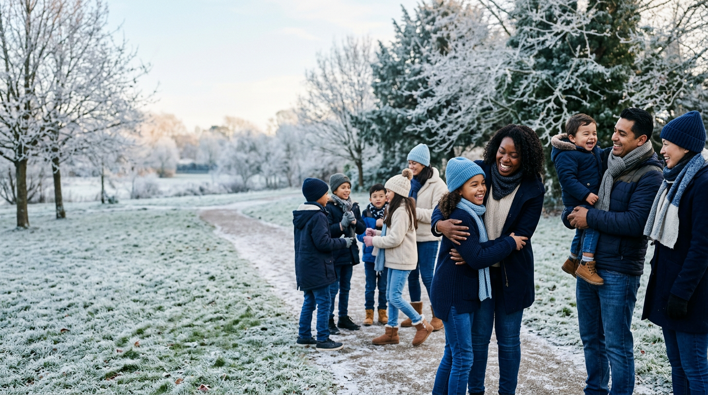 Families gathered together outdoors in winter light